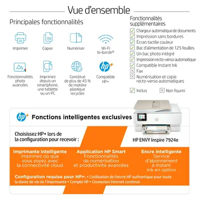 Envy Inspire 7924e Sans fil All-in-One Couleur Imprimante, HP - visuel 1 - hello RSE - Panneau de contrôle intelligent et intuitif