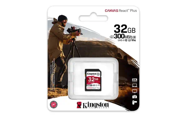 KINGSTON 32Go Canvas React Plus SDHC UHS-II Kingston - visuel 1 - hello RSE - Capturez des photos et des vidéos 4K et 8K Ultra-HD à grande vitesse sans perte d'images.