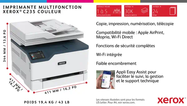 Xerox C235 copie/impression/numérisation/télécopie sans fil A4, 22 ppm, PS3 PCL5e/6, chargeur automa - Multifonctions Laser - visuel 6
