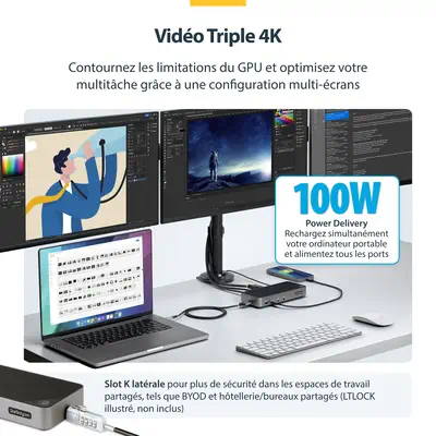 Station d'Accueil Triple Moniteur USB-C - Dock Triple HDMI/DP 4k USB-C - Hub USB 5x - GbE - 100W PD  - StarTech - Station d'accueil pour portable - visuel 10