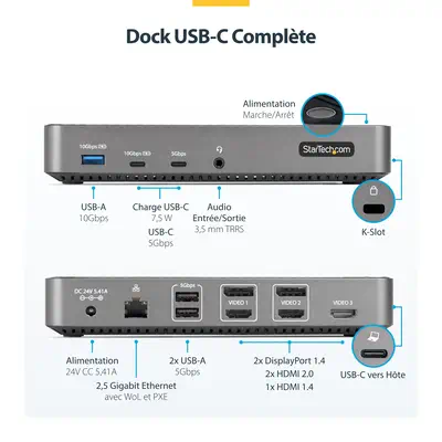 Station d'Accueil Triple Moniteur USB-C - Dock Triple HDMI/DP 4k USB-C - Hub USB 5x - GbE - 100W PD  - StarTech - Station d'accueil pour portable - visuel 9
