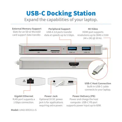 Tripp Lite U442-DOCK11-S station d'accueil USB 3.2 Gen Tripp Lite - visuel 1 - hello RSE - Prend en charge le mode alternatif USB-C DisplayPort pour transmettre des signaux audio et vidéo