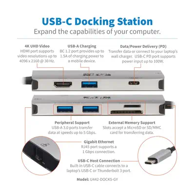 Tripp Lite U442-DOCK5-GY station d'accueil Avec fil USB 3.2 Gen 1 (3.1 Gen 1) Type-C Gris - Station d'accueil pour portable - visuel 2