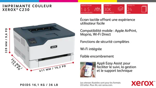 Xerox C230 Imprimante recto verso sans fil A4 22 ppm, PS3 PCL5e/6, 2 magasins Total 251 feuilles - Imprimante Laser - visuel 10