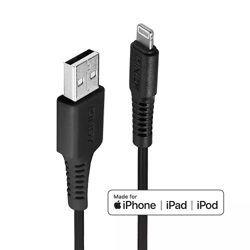 Revendeur officiel Câble USB LINDY 0.5m USB to Lightning Cable black Charge and sync