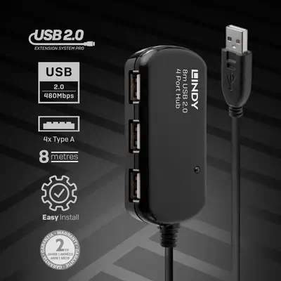 Lindy Rallonge active USB 2.0 Pro avec Hub 4 ports, 8m - Switchs et Hubs - visuel 3