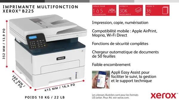 Xerox B225 copie/impression/numérisation recto verso sans fil A4, Xerox - visuel 1 - hello RSE - Xerox® Workflow Central