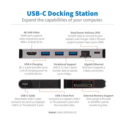 Tripp Lite U442-DOCK5D-GY station d'accueil Avec fil USB Tripp Lite - visuel 1 - hello RSE - Transfert de données efficace