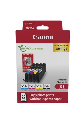 Revendeur officiel Cartouches d'encre CANON CLI-551XL Ink Cartridge C/M/Y/BK + PHOTO PACK