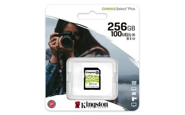 Carte SDXC Canvas Select Plus 100R C10 UHS-I Kingston - visuel 1 - hello RSE - Enregistrement vidéo aux formats Full HD et 4K (1080p)