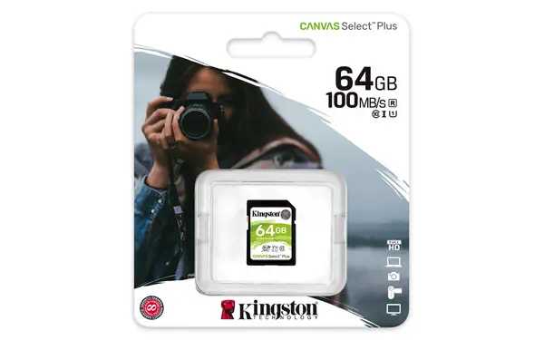 Carte SDXC Canvas Select Plus 100R C10 UHS-I Kingston - visuel 1 - hello RSE - Enregistrement vidéo aux formats Full HD et 4K (1080p)