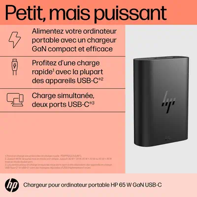 Chargeur pour ordinateur portable HP 65 W GaN USB-C - Chargeur et alimentation - visuel 2