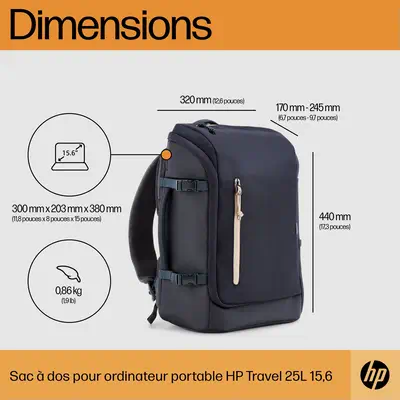 Sac à dos pour ordinateur portable HP Travel 25 litres 15,6 pouces (bleu) - Sacoche & Housse - visuel 9