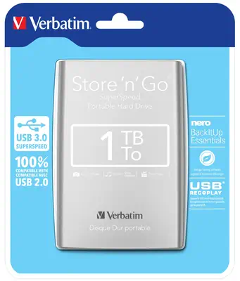 Disque dur portable USB Store 'n' Go 3.0, 1 To, Argenté - Verbatim - Disque dur Externe - visuel 1