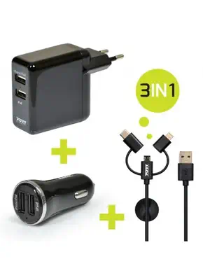 Port Designs 900044 chargeur d'appareils mobiles Universel Noir Secteur, Allume-cigare, USB Auto, In - Accessoire composant - visuel 1
