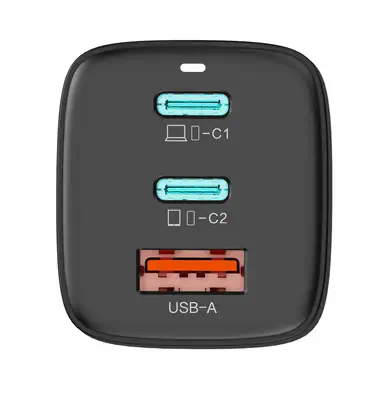 Alimentation secteur USB-C GaN 65W avec 2x USB-C et 1x USB-A - Livré avec câble USB-C 1,8m - DLH - Chargeur et alimentation - visuel 2