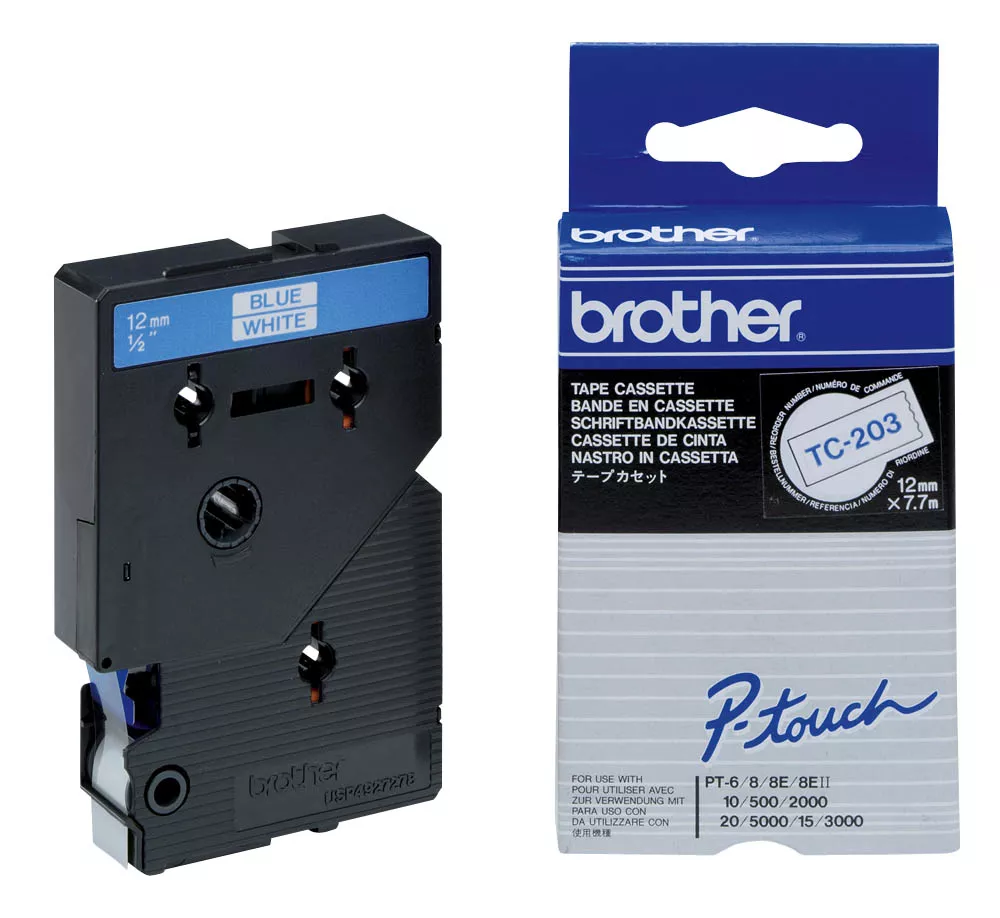 Achat BROTHER P-TOUCH TC-203 bleu sur blanc 12mm au meilleur prix