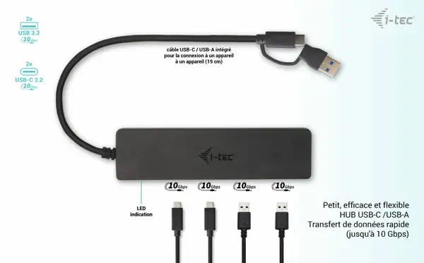 i-tec Metal C31HUBMETAL2A2C hub & concentrateur USB 3.2 Gen 1 (3.1 Gen 1) Type-C 10000 Mbit/s Noir - I-Tec - Accessoires Tablette - visuel 3