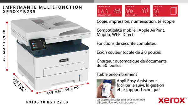 Xerox B235 copie/impression/numérisation/télécopie recto verso sans fil A4, 34 ppm, PS3 PCL5e/6, cha - Multifonctions Laser - visuel 7