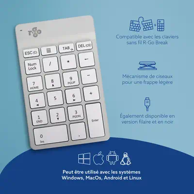 Clavier R-Go Numpad Break, clavier numérique ergonomique avec logiciel de pause, bluetooth, blanc - R-Go Tools - visuel 7