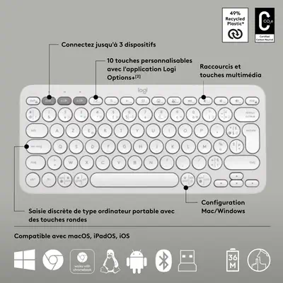 Logitech 920-012210 clavier Souris incluse Universel RF sans fil + Bluetooth AZERTY Français Blanc - Clavier - visuel 5