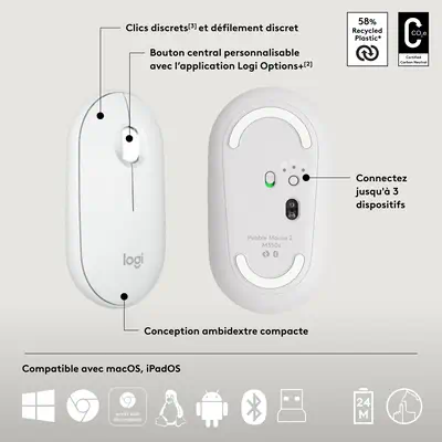 Logitech 920-012210 clavier Souris incluse Universel RF sans fil + Bluetooth AZERTY Français Blanc - Clavier - visuel 6