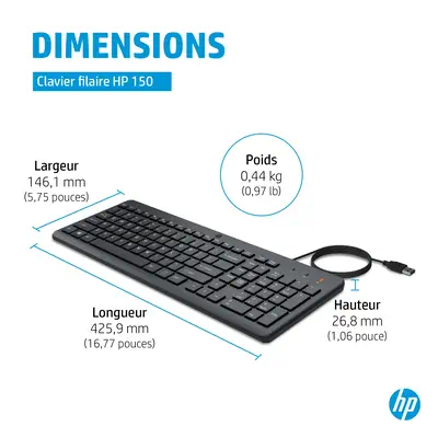 HP 150 WD KBD FR clavier Universel USB Noir - Clavier - visuel 10
