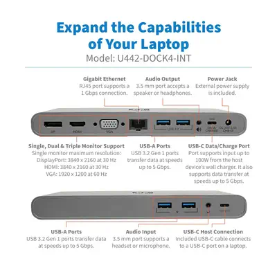 Tripp Lite U442-DOCK4-INT station d'accueil Avec fil USB 3.2 Gen 2 (3.1 Gen 2) Type-C Gris - Station d'accueil pour portable - visuel 10
