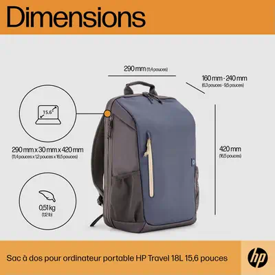 Sac à dos pour ordinateur portable HP Travel 18 litres 15,6 pouces, gris fer - PC Portable - visuel 8