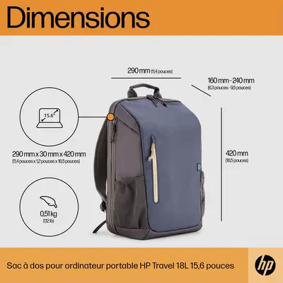 Sac à dos pour ordinateur portable HP Travel 18 litres 15,6 pouces, gris fer - Sacoche & Housse - visuel 9