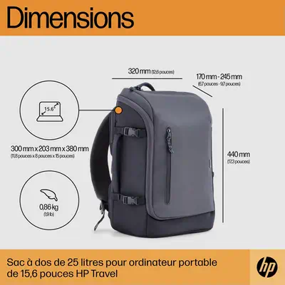 Sac à dos pour ordinateur portable HP Travel 25 litres 15,6 pouces (gris acier) - Sacoche & Housse - visuel 8